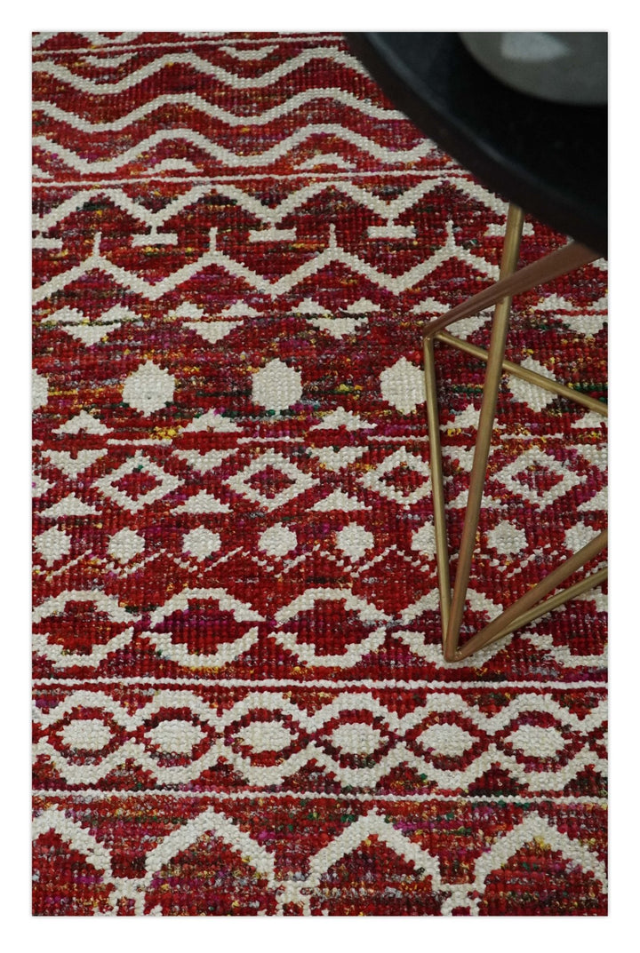 9x12 Hand Knotted Red and White Modern Contemporary Southwestern Tribal Trellis Recycled Silk Area Rug | OP15 - The Rug Decor