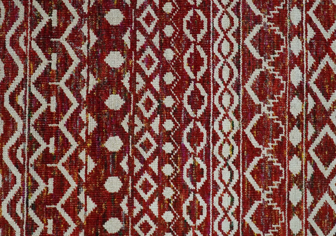9x12 Hand Knotted Red and White Modern Contemporary Southwestern Tribal Trellis Recycled Silk Area Rug | OP15 - The Rug Decor
