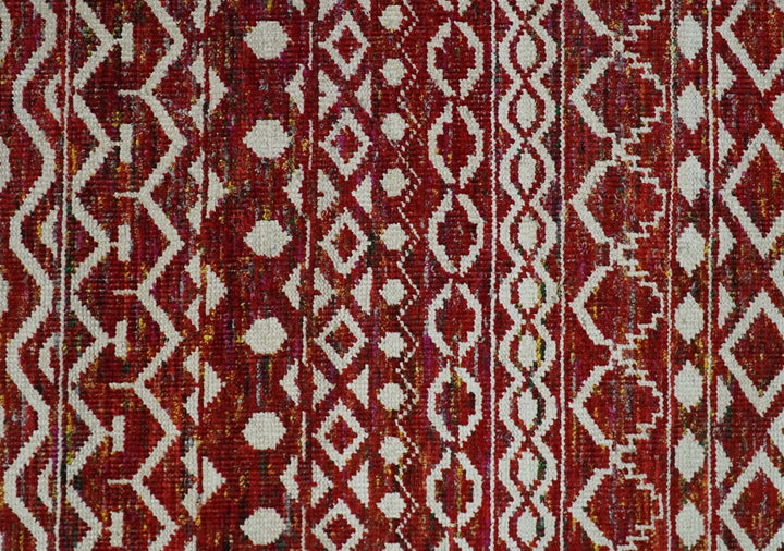 9x12 Hand Knotted Red and White Modern Contemporary Southwestern Tribal Trellis Recycled Silk Area Rug | OP15 - The Rug Decor