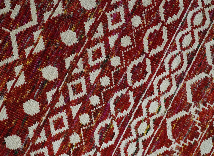 9x12 Hand Knotted Red and White Modern Contemporary Southwestern Tribal Trellis Recycled Silk Area Rug | OP15 - The Rug Decor