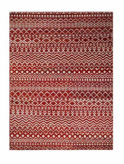 9x12 Hand Knotted Red and White Modern Contemporary Southwestern Tribal Trellis Recycled Silk Area Rug | OP7 - The Rug Decor