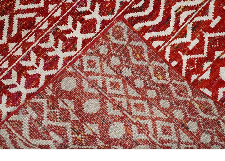 9x12 Hand Knotted Red and White Modern Contemporary Southwestern Tribal Trellis Recycled Silk Area Rug | OP7 - The Rug Decor