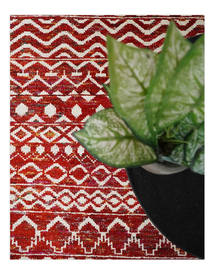 9x12 Hand Knotted Red and White Modern Contemporary Southwestern Tribal Trellis Recycled Silk Area Rug | OP7 - The Rug Decor