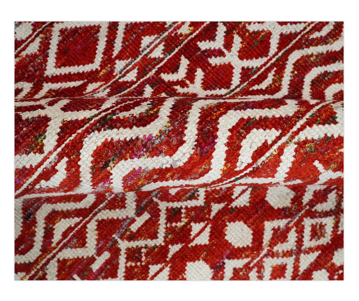 9x12 Hand Knotted Red and White Modern Contemporary Southwestern Tribal Trellis Recycled Silk Area Rug | OP7 - The Rug Decor