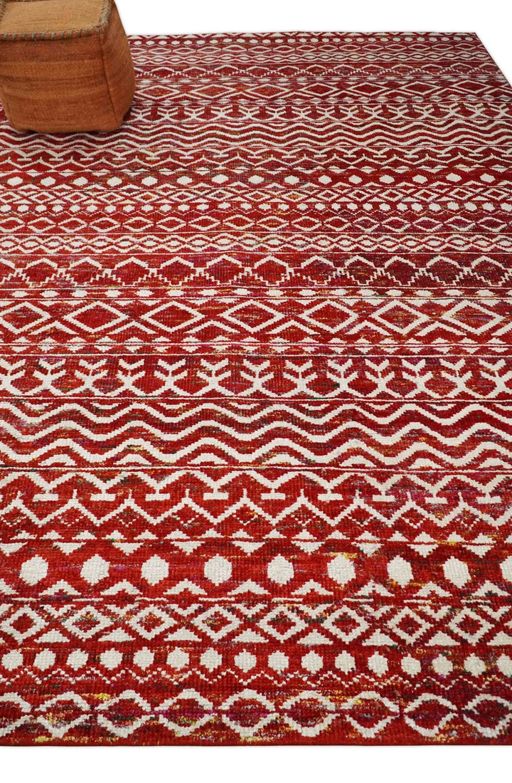 9x12 Hand Knotted Red and White Modern Contemporary Southwestern Tribal Trellis Recycled Silk Area Rug | OP7 - The Rug Decor