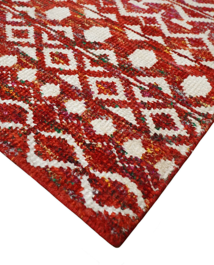9x12 Hand Knotted Red and White Modern Contemporary Southwestern Tribal Trellis Recycled Silk Area Rug | OP7 - The Rug Decor