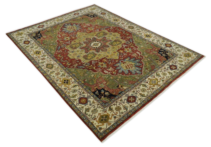 9x12 Hand Knotted Rust and Ivory Traditional Heriz Serapi Antique Wool Rug | TRDCP611912 - The Rug Decor
