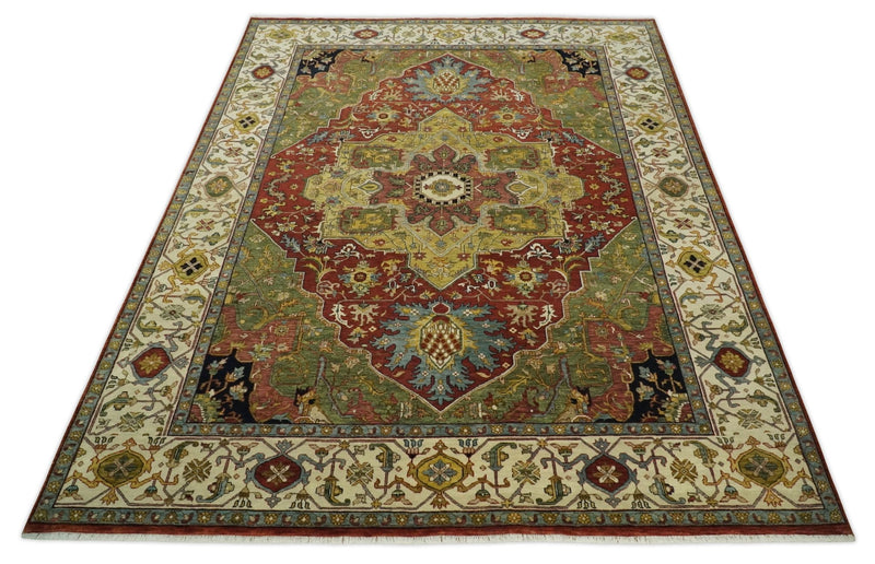 9x12 Hand Knotted Rust and Ivory Traditional Heriz Serapi Antique Wool Rug | TRDCP611912 - The Rug Decor