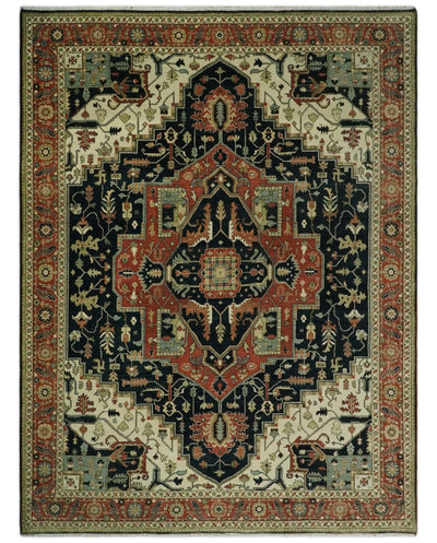 9x12 Hand Knotted Rust and Ivory Traditional Heriz Serapi Antique Wool Rug | TRDCP612912 - The Rug Decor