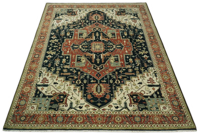 9x12 Hand Knotted Rust and Ivory Traditional Heriz Serapi Antique Wool Rug | TRDCP612912 - The Rug Decor