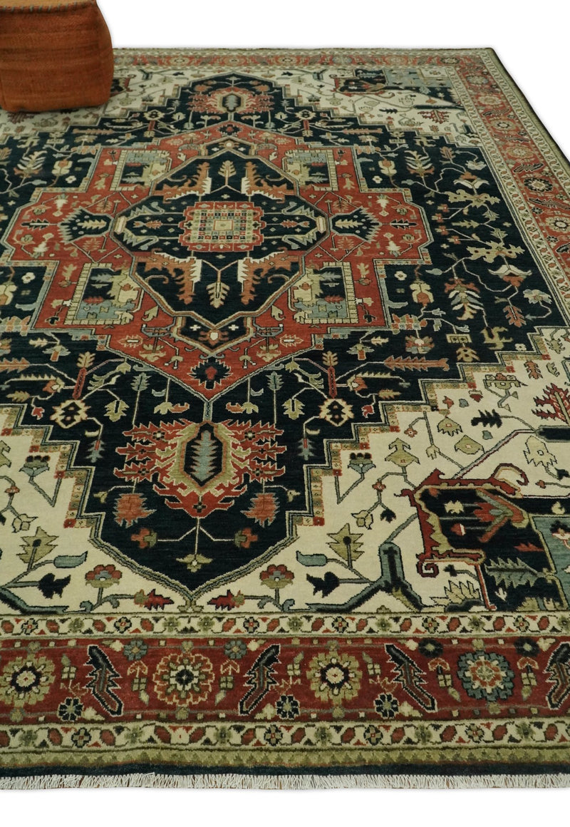 9x12 Hand Knotted Rust and Ivory Traditional Heriz Serapi Antique Wool Rug | TRDCP612912 - The Rug Decor