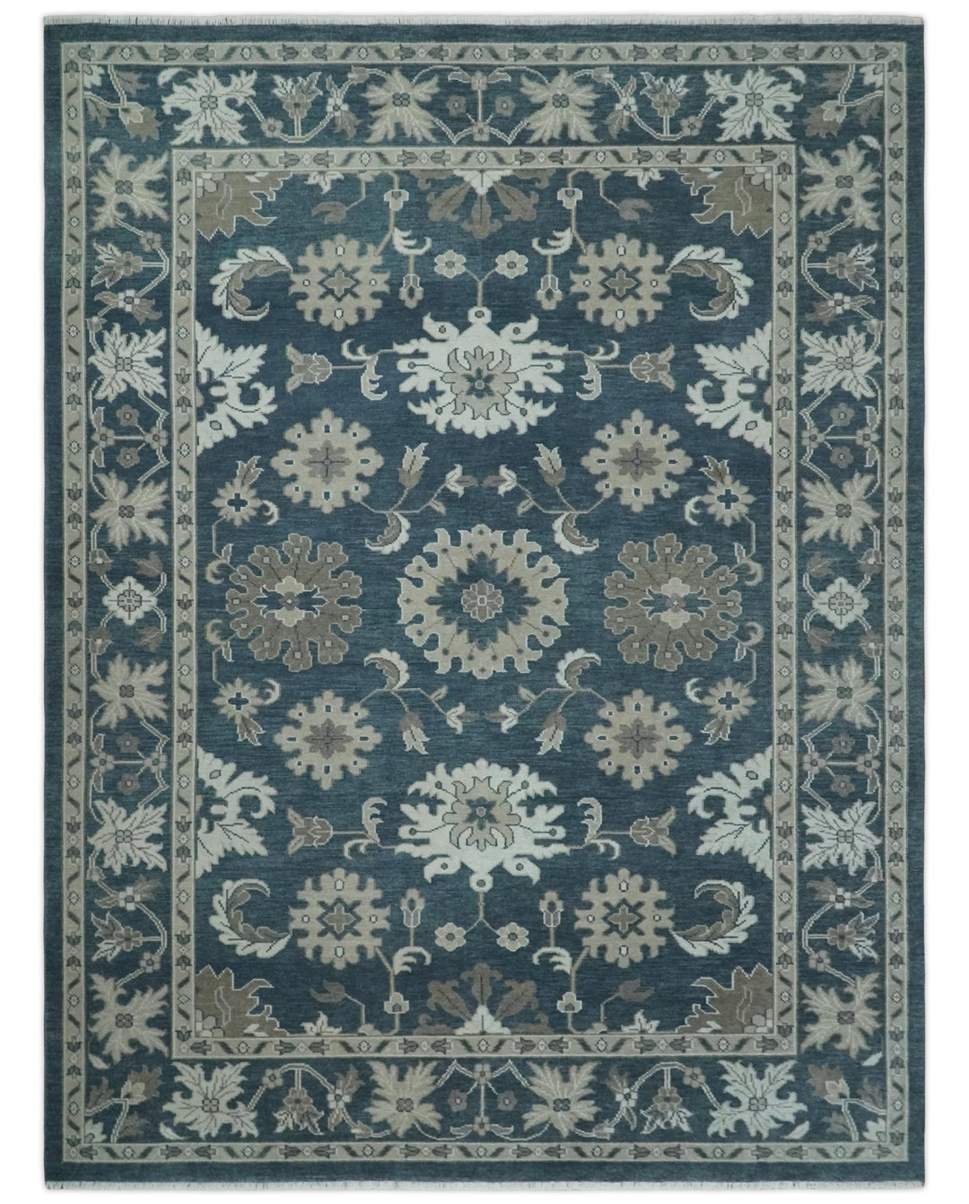 9x12 Hand Knotted Teal and Silver Traditional Oushak Wool Area Rug - The Rug Decor