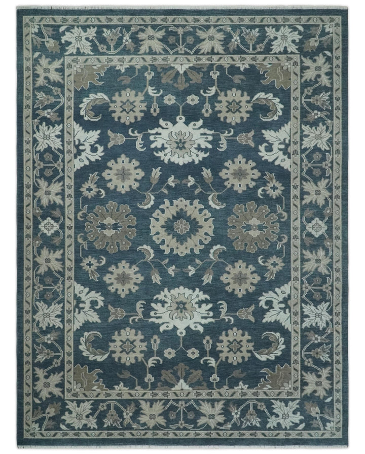 9x12 Hand Knotted Teal and Silver Traditional Oushak Wool Area Rug - The Rug Decor