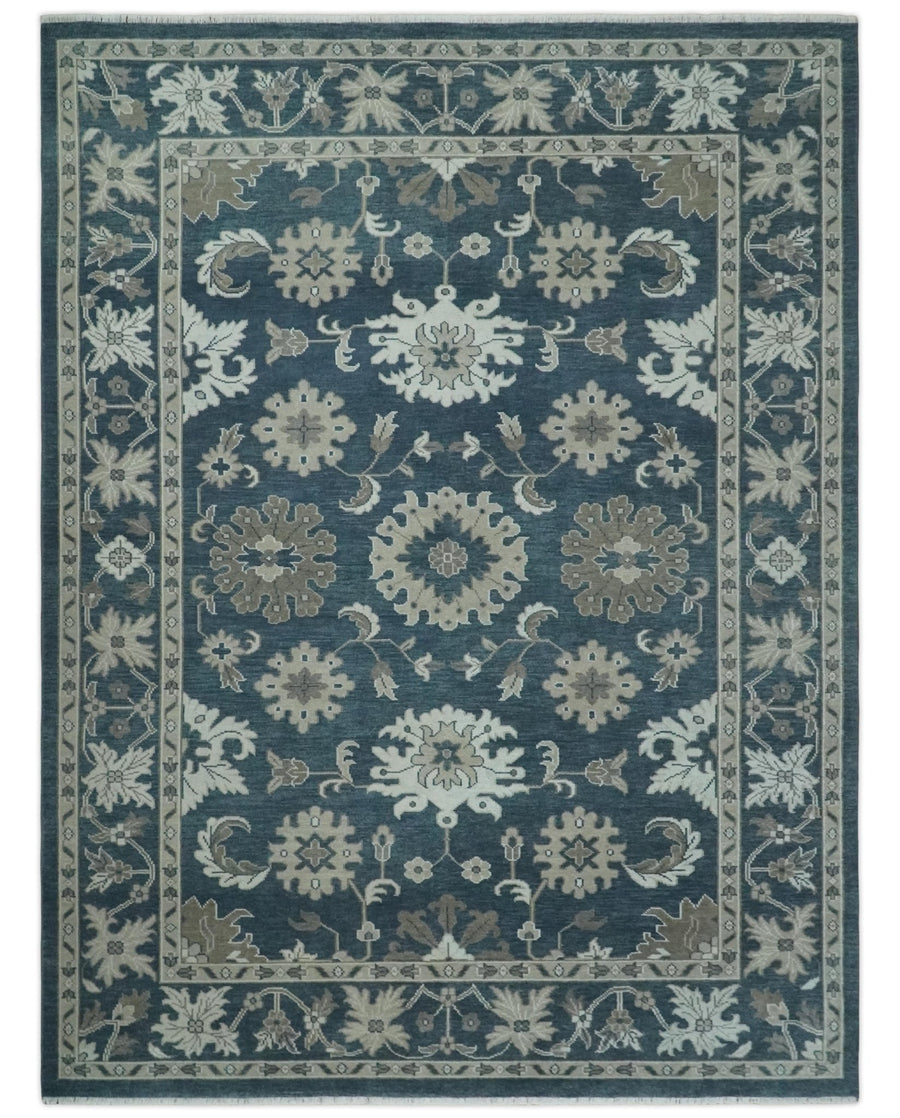 9x12 Hand Knotted Teal and Silver Traditional Oushak Wool Area Rug - The Rug Decor