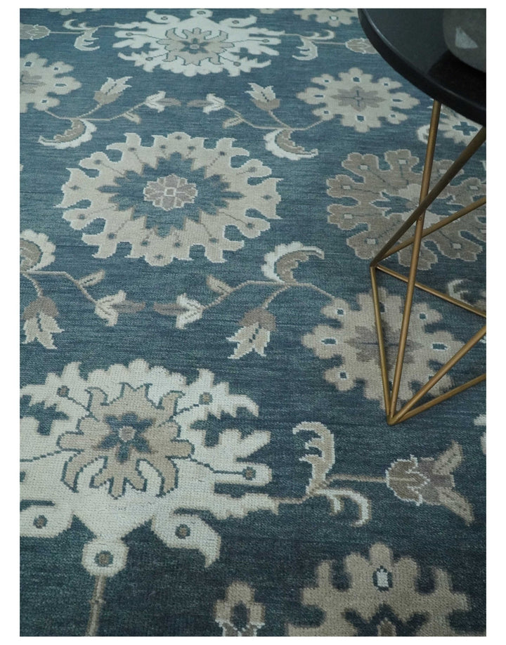 9x12 Hand Knotted Teal and Silver Traditional Oushak Wool Area Rug - The Rug Decor
