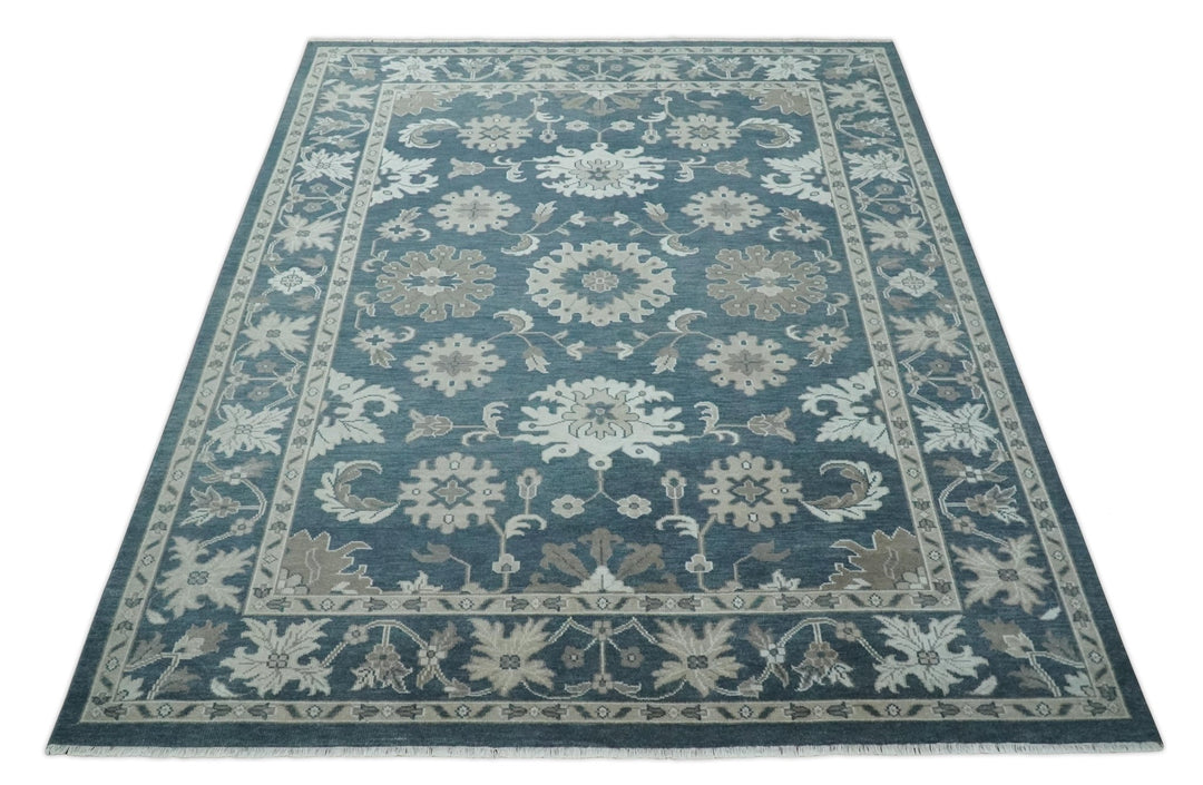 9x12 Hand Knotted Teal and Silver Traditional Oushak Wool Area Rug - The Rug Decor