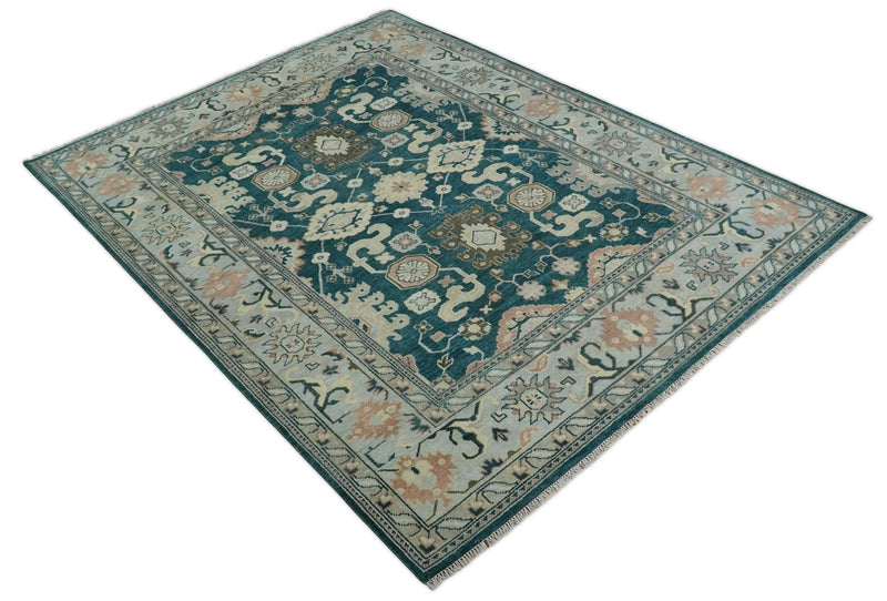 9x12 Hand Knotted Teal, Beige and Silver Traditional Persian Oushak Wool Rug | TRDCP826912 - The Rug Decor