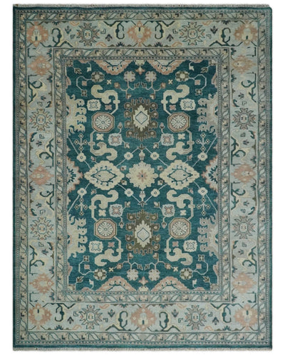 9x12 Hand Knotted Teal, Beige and Silver Traditional Persian Oushak Wool Rug | TRDCP826912 - The Rug Decor