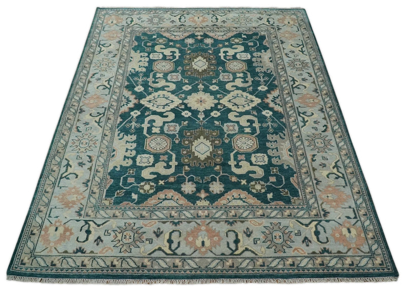 9x12 Hand Knotted Teal, Beige and Silver Traditional Persian Oushak Wool Rug | TRDCP826912 - The Rug Decor