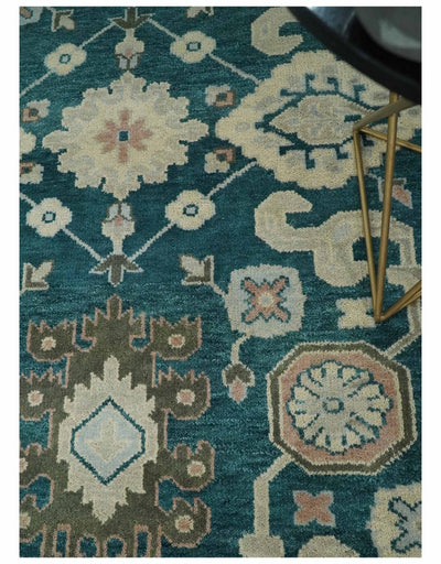 9x12 Hand Knotted Teal, Beige and Silver Traditional Persian Oushak Wool Rug | TRDCP826912 - The Rug Decor