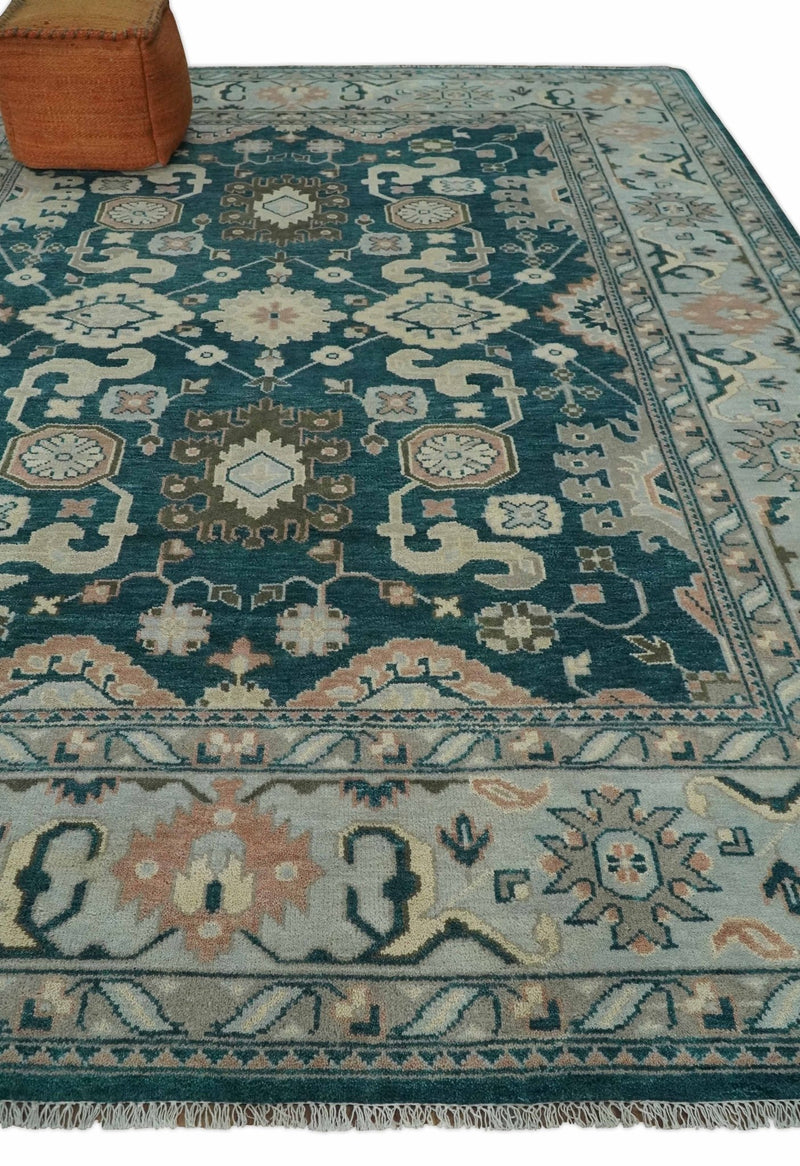 9x12 Hand Knotted Teal, Beige and Silver Traditional Persian Oushak Wool Rug | TRDCP826912 - The Rug Decor