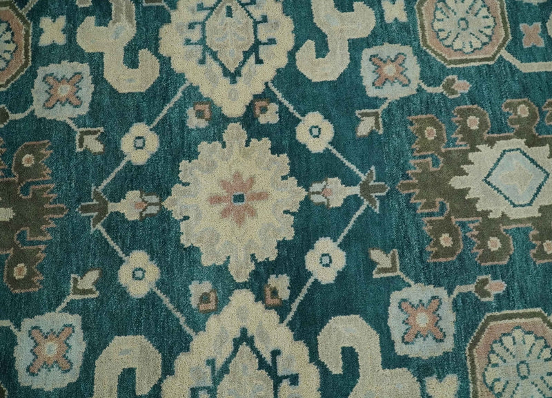 9x12 Hand Knotted Teal, Beige and Silver Traditional Persian Oushak Wool Rug | TRDCP826912 - The Rug Decor