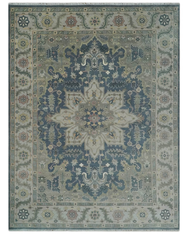 9x12 Medallion Hand Knotted Ivory, Teal and Olive Traditional Wool Area Rug - The Rug Decor