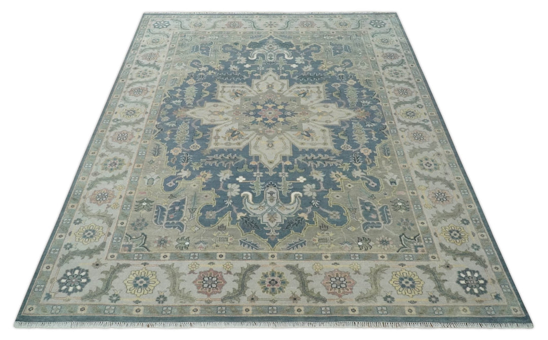 9x12 Medallion Hand Knotted Ivory, Teal and Olive Traditional Wool Area Rug - The Rug Decor