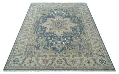 9x12 Medallion Hand Knotted Ivory, Teal and Olive Traditional Wool Area Rug - The Rug Decor