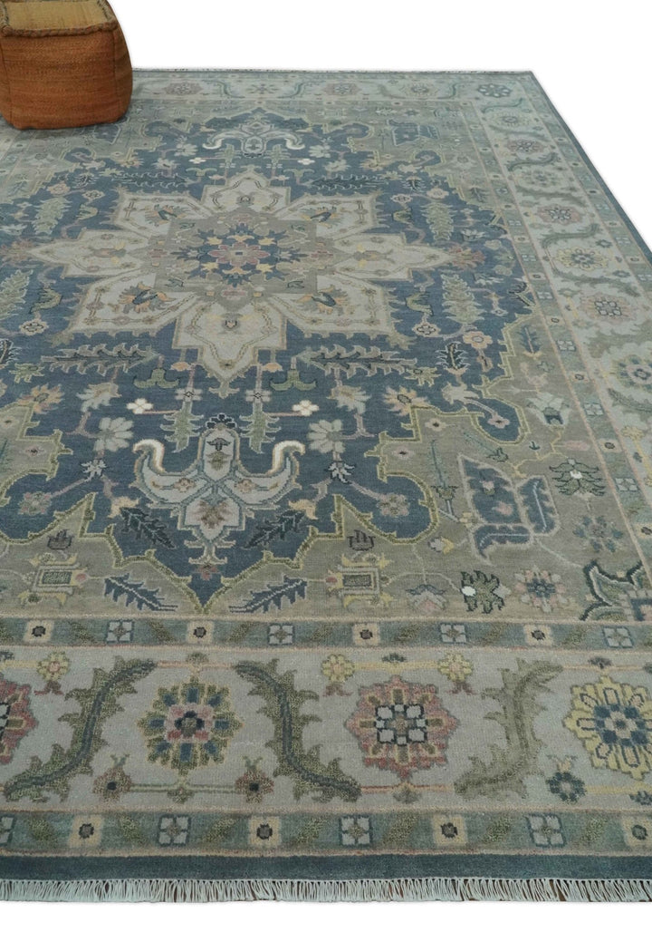 9x12 Medallion Hand Knotted Ivory, Teal and Olive Traditional Wool Area Rug - The Rug Decor