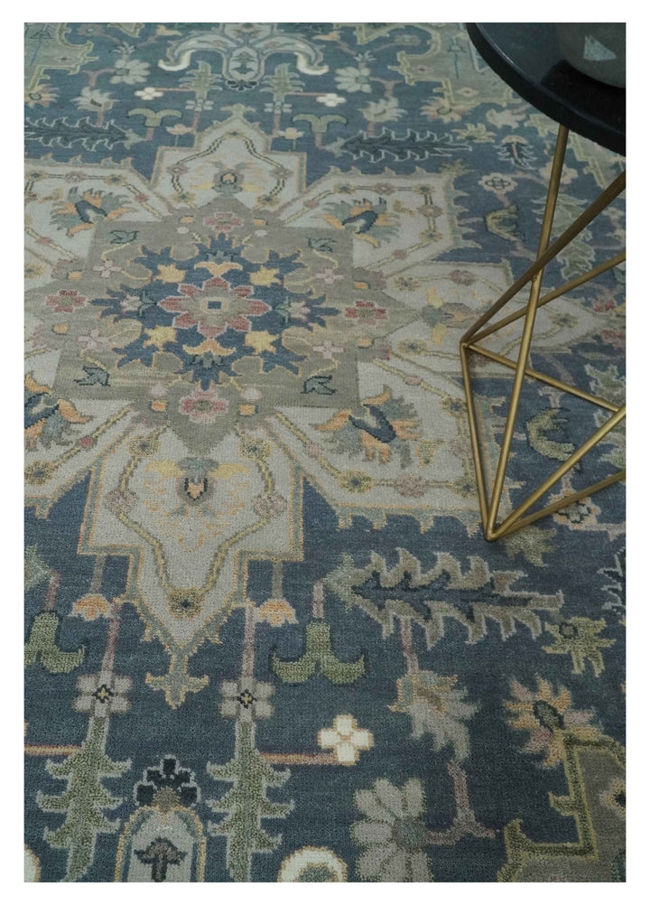 9x12 Medallion Hand Knotted Ivory, Teal and Olive Traditional Wool Area Rug - The Rug Decor