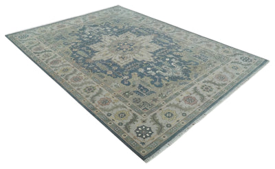 9x12 Medallion Hand Knotted Ivory, Teal and Olive Traditional Wool Area Rug - The Rug Decor