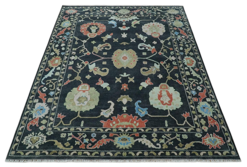 9x12 Modern Hand Knotted Black and Multicolor Traditional Oushak Wool Rug - The Rug Decor