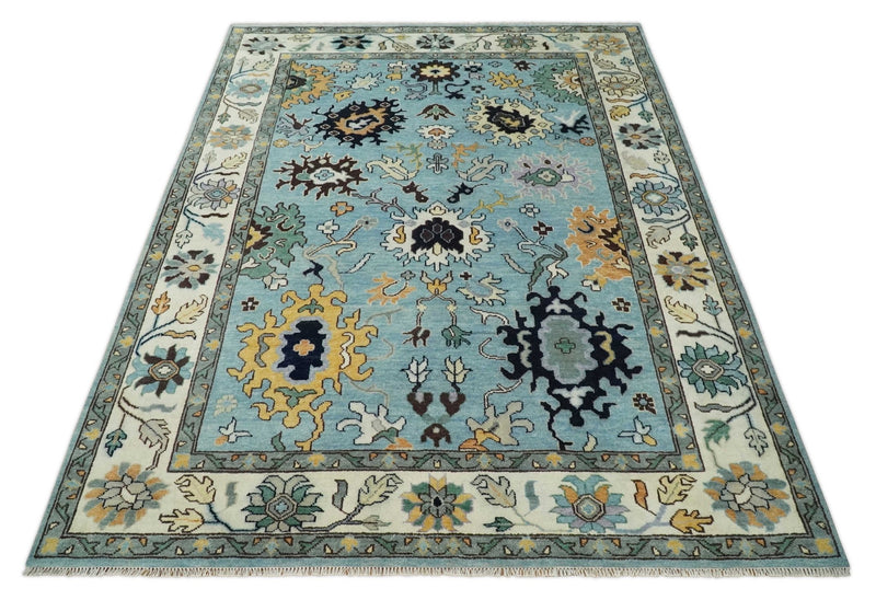 9x12 Modern Oushak Hand Knotted Persian Blue and Ivory Colorful Wool Area Rug | TRDCP852912 - The Rug Decor