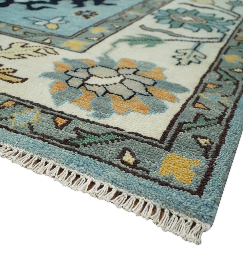 9x12 Modern Oushak Hand Knotted Persian Blue and Ivory Colorful Wool Area Rug | TRDCP852912 - The Rug Decor