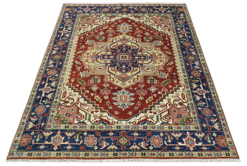 9x12 Rust and Blue Hand Knotted Traditional Antique Persian Design Wool Rug | TRDCP416912 - The Rug Decor