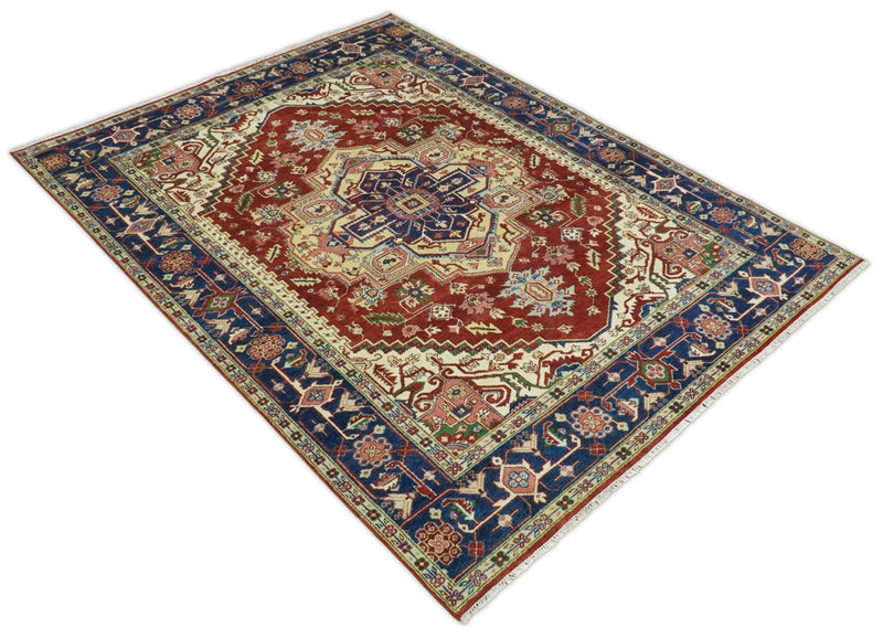 9x12 Rust and Blue Hand Knotted Traditional Antique Persian Design Wool Rug | TRDCP416912 - The Rug Decor