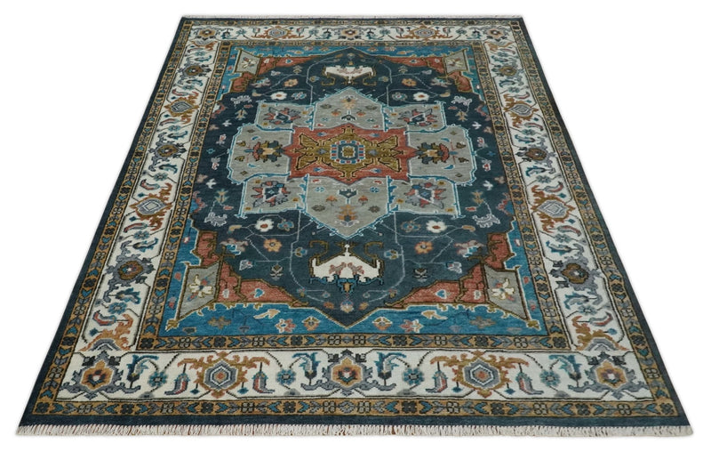 9x12 Rust, Silver, Blue and Ivory Hand Knotted Traditional Heriz Serapi Wool Area Rug - The Rug Decor