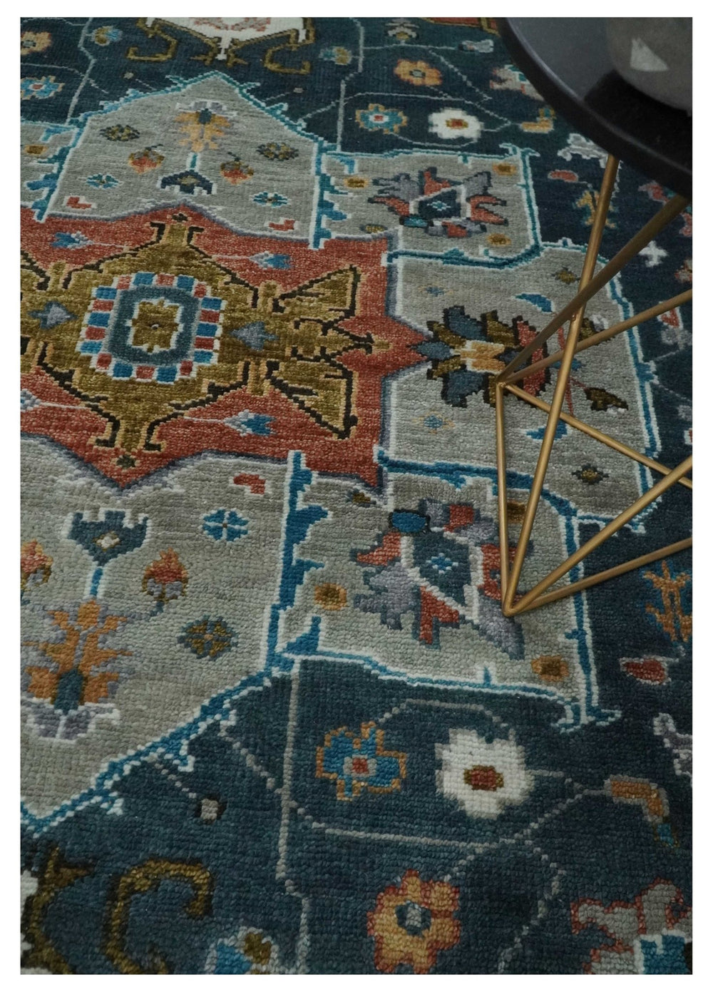 9x12 Rust, Silver, Blue and Ivory Hand Knotted Traditional Heriz Serapi Wool Area Rug - The Rug Decor