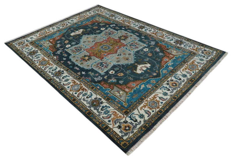 9x12 Rust, Silver, Blue and Ivory Hand Knotted Traditional Heriz Serapi Wool Area Rug - The Rug Decor