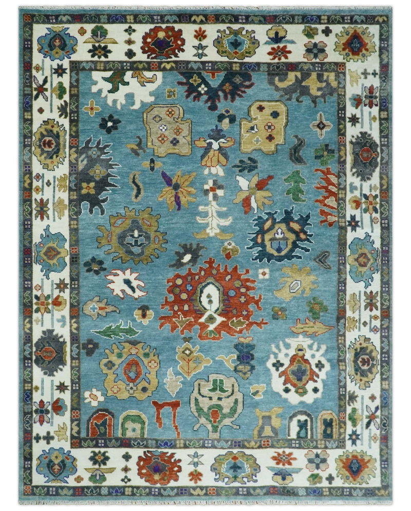 9x12 Wool Traditional Persian Blue and Ivory Colorful Hand knotted Oushak Area Rug | TRDCP1067912 - The Rug Decor
