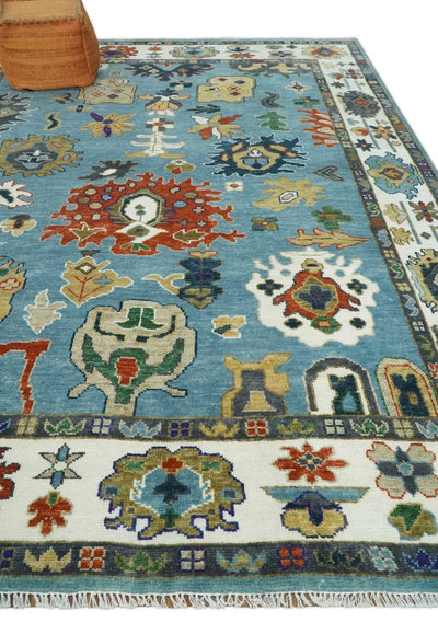 9x12 Wool Traditional Persian Blue and Ivory Colorful Hand knotted Oushak Area Rug | TRDCP1067912 - The Rug Decor