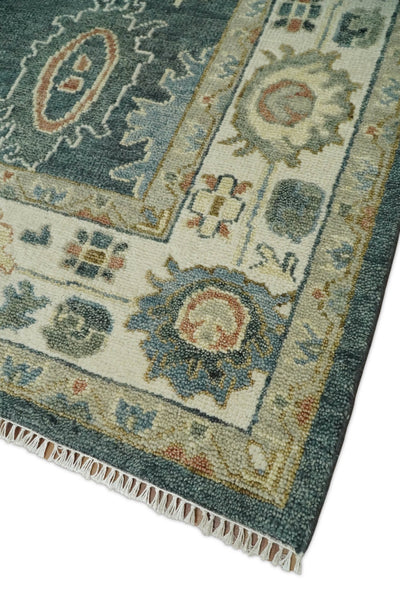 9x12 Wool Traditional Persian Blue Teal and Beige Antique Vintage Hand knotted Oushak Area Rug | TRDCP197810 - The Rug Decor