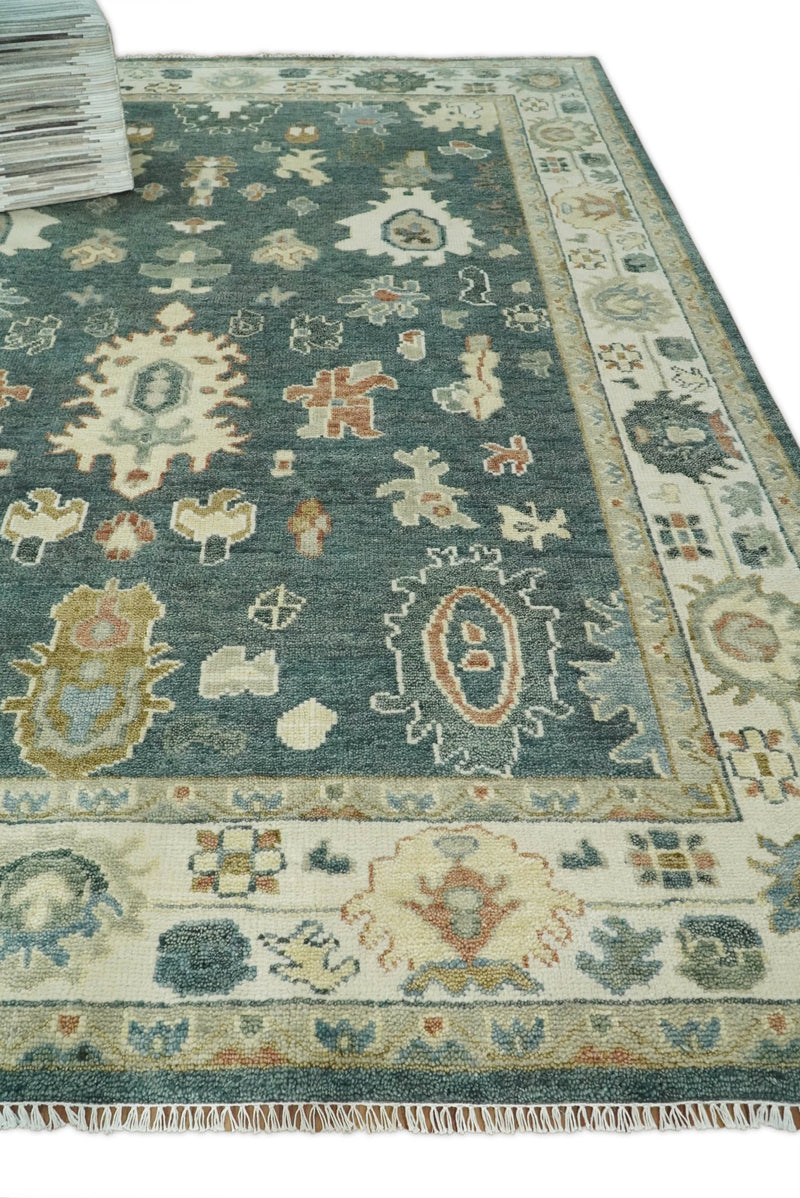 9x12 Wool Traditional Persian Blue Teal and Beige Antique Vintage Hand knotted Oushak Area Rug | TRDCP197810 - The Rug Decor