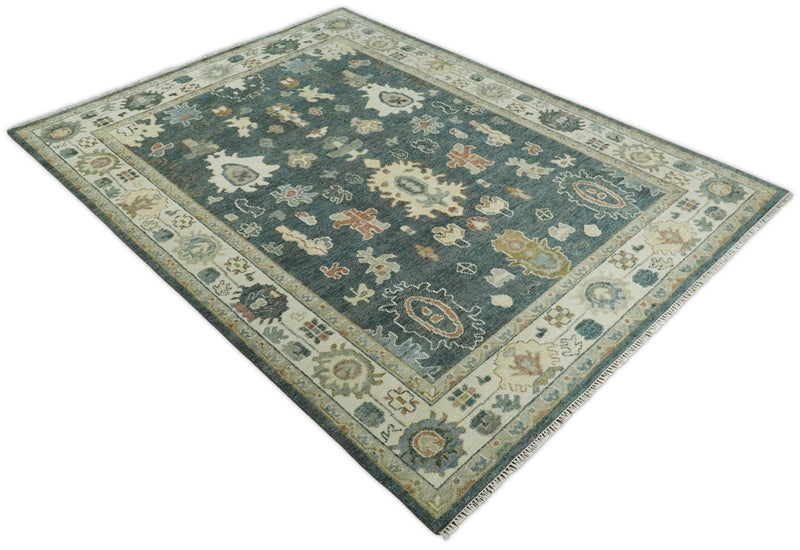 9x12 Wool Traditional Persian Blue Teal and Beige Antique Vintage Hand knotted Oushak Area Rug | TRDCP197810 - The Rug Decor