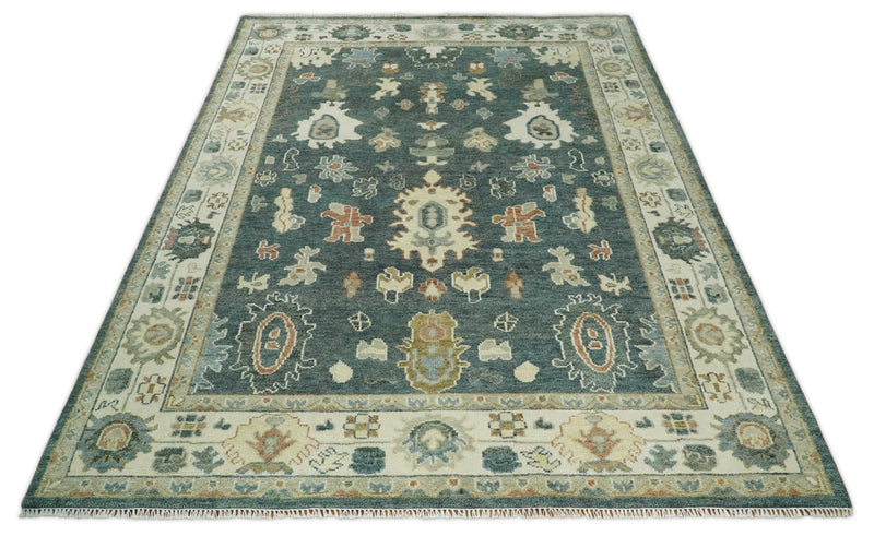 9x12 Wool Traditional Persian Blue Teal and Beige Antique Vintage Hand knotted Oushak Area Rug | TRDCP197810 - The Rug Decor