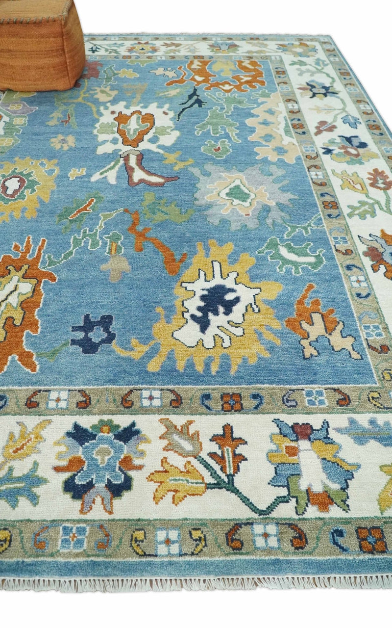 9x12 Wool Traditional Persian Ivory and Blue Vibrant Colorful Hand knotted Oushak Area Rug | TRDCP886912 - The Rug Decor
