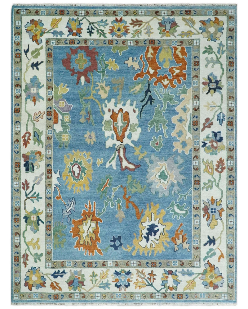 9x12 Wool Traditional Persian Ivory and Blue Vibrant Colorful Hand knotted Oushak Area Rug | TRDCP886912 - The Rug Decor