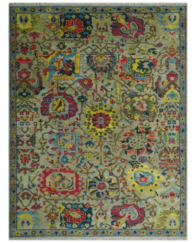 9x12 Wool Traditional Persian Olive and Blue Vibrant Colorful Hand knotted Oushak Area Rug | TRDCP1098912S - The Rug Decor