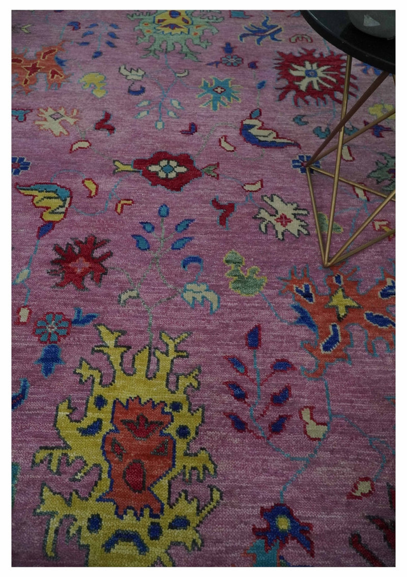 9x12 Wool Traditional Pink, Beige and Blue Vibrant Colorful Hand knotted Oushak Area Rug | TRDCP1355912 - The Rug Decor